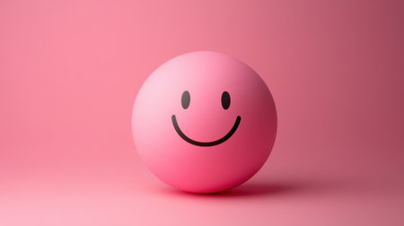 Minimalistic pink smiley icon on a soft pink background, representing positivity, laughter, and happiness.の素材