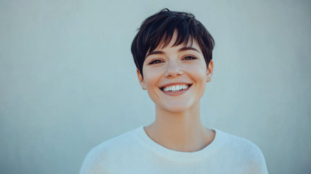 Cheerful young woman with short hair beaming at the camera, against a clean, minimal background.の素材