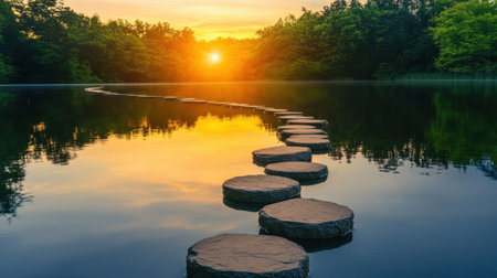 Serene stepping stones lead across a tranquil lake towards a glowing sunset, symbolizing peace and calm in a natural, beautiful setting.の素材