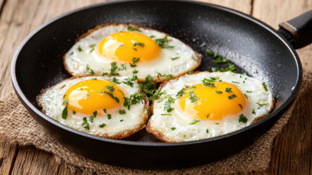 Delicious sunny side up eggs with crispy edges, garnished with herbs, sizzling in a black pan on a rustic kitchen surface, ready to serve.の素材