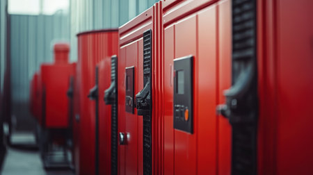 Close-up of red gas boilers lined up in an industrial setting, focusing on machinery and energy-efficient heating systems.の素材