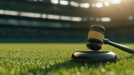 Close-up of a gavel on a stadium lawn, symbolizing the intersection of sports, law, and ethics. Ideal for legal blogs or sports arbitration conceptsの素材