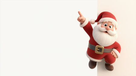 Cartoon Santa Claus peeks around the edge of a white wall, pointing happily, offering space for festive holiday messages or design elements.の素材
