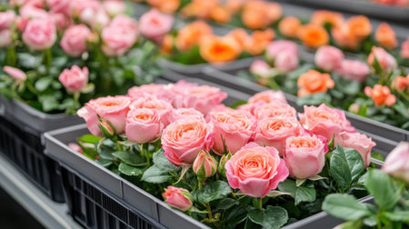 Close-up of pink and orange roses in boxes at a floral warehouse, representing commercial floriculture and floral supply.の素材