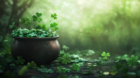 Irish pot overflowing with shimmering emeralds, real clovers encircling the scene, soft green hues in the backgroundの素材