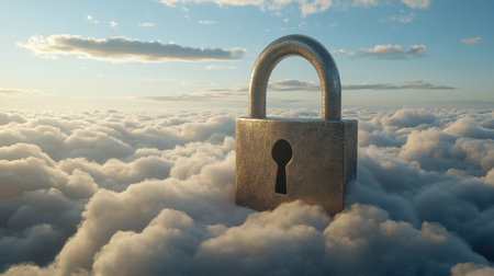 Large padlock floating among thick clouds, symbolizing secure cloud data protection in a digital blue skyの素材