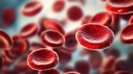 Close-up of red blood cells in motion, medical science background representing blood health, diseases, and donor's day.の素材