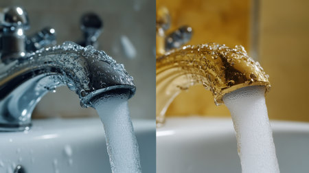 Close-up of bathroom faucet before and after cleaning, showing calcium buildup and sparkling clean results, side by sideの素材