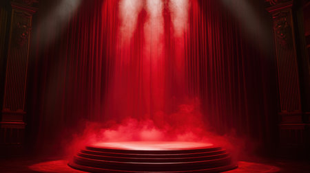 A close-up of a cinematic award podium, enveloped in dramatic red light, symbolizing the prestige of the film industry. Luxurious sceneの素材