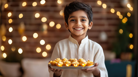 Smiling Indian boy in traditional Diwali attire holding a tray of sweets, offering them to his family. Festive background with lights and decorationsの素材