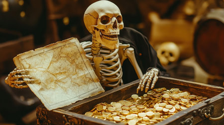 Skeleton seated on a treasure chest, gripping a map in its bony hand as gold coins spill from the chest lidの素材