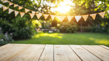 Triangular party flags hanging in a garden, with an empty wooden table in the foreground, capturing a festive atmosphereの素材