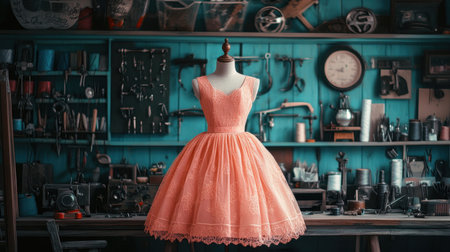 Pink dress on a mannequin in a creative sewing space filled with vintage supplies and tools, evoking a sense of craftsmanship and artistryの素材