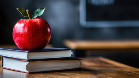 Close-up of a red apple with a stack of books on a teacher's desk, blurred student desks and chalkboard in the background, ready for school.の素材