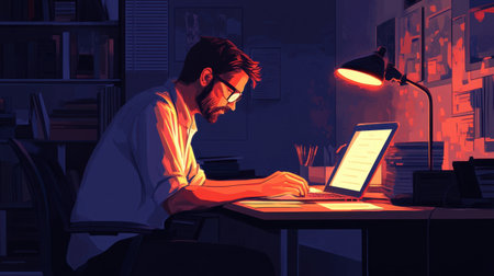 A dedicated man working late in a dark office, the desk lamp casting warm light on documents and a glowing laptop.の素材