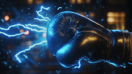 Blue lightning surrounds glowing boxing gloves, representing the force and aggression of a knockout punch in a dark, intense setting.の素材