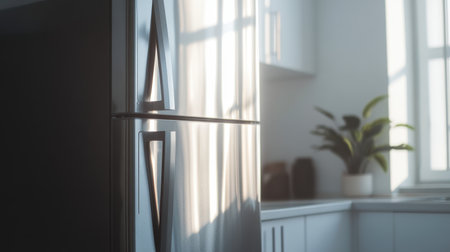 A side view of a stainless steel refrigerator, showcasing its slim design and metallic sheen, contrasting sharply against a bright white backdrop.の素材