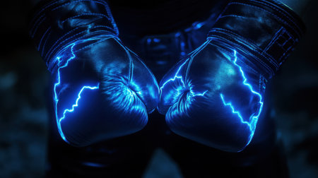 Boxing gloves glow with blue lightning, symbolizing the violent power of a knockout blow, standing out in the dark.の素材