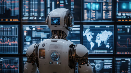 A top-down view of a robot controlling multiple screens displaying stock charts and global investments, symbolizing AI's role in finance.の素材