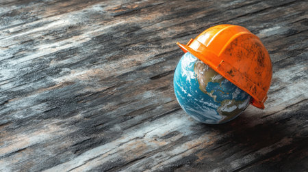 Earth wearing a safety helmet, symbolizing global workplace safety, emphasizing health and protection. Perfect for World Day of Safety and Health at Work awareness campaignsの素材
