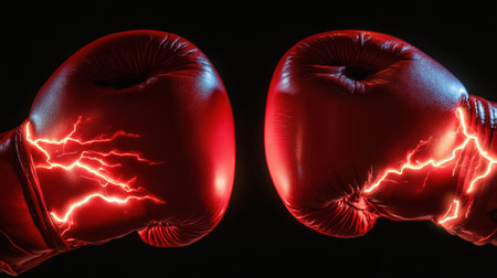 Glowing with red lightning, boxing gloves symbolize the raw aggression and intensity of a knockout punch, standing out in the dark.の素材