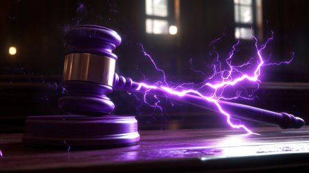 Purple lightning envelops a judge gavel resting on the table, showcasing the electrifying authority of the courtroom.の素材