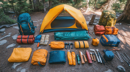 Hiking essentials arranged for a forest expedition, featuring a backpack, tent, and survival tools, ready for a mountain adventure. Clean, organized layoutの素材