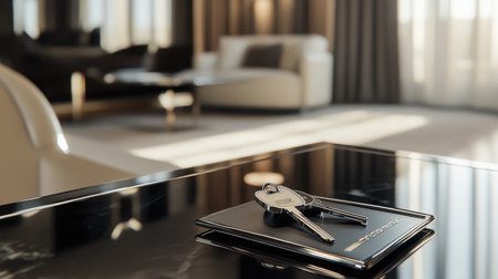 Keys resting on a polished table within a newly furnished hotel room, capturing themes of vacation rentals and property investment. Chic interior designの素材