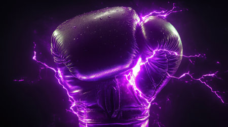 Purple lightning crackles around glowing boxing gloves, symbolizing the strength and aggression of a knockout punch in the dark.の素材