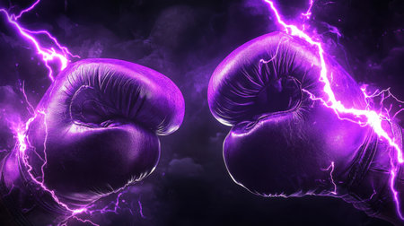 Purple lightning surrounds glowing boxing gloves, representing the intense power and force of a knockout punch in a dark setting.の素材