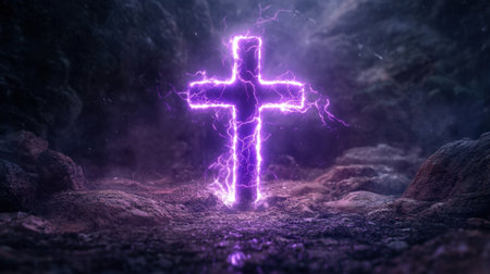 Purple lightning surges around a glowing cross, symbolizing profound faith and spiritual strength amidst the darkness.の素材