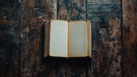 Hardcover book open on a rustic wooden desk, blank pages facing upward. A perfect dark academia scene, with rich textures and an intellectual, vintage atmosphereの素材