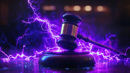 Purple lightning crackles around a judge gavel on a table, representing the commanding power and gravitas of the legal systemの素材