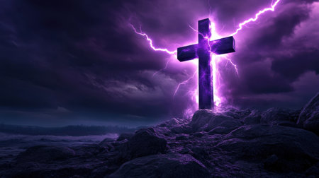The cross is bathed in purple lightning, conveying the depth of faith and spiritual enlightenment in a dark setting.の素材
