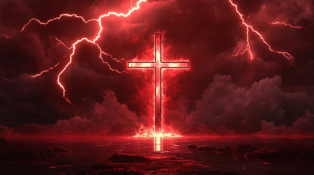 Red lightning crackles around a glowing cross, symbolizing powerful faith and divine strength in a dramatic, dark setting.の素材