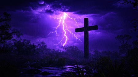 The cross glowed with purple lightning, symbolizing deep faith and spiritual wisdom against a dark, mysterious background.の素材