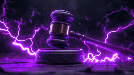 The judge gavel prominently displayed with purple lightning flashing around it, representing the firm and authoritative nature of the law.の素材