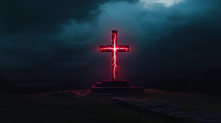 Red lightning lights up the cross, signifying strong faith and the power of belief, standing out in the darknessの素材