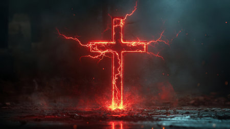 The cross radiates with red lightning, standing as a symbol of fiery faith and divine conviction against a dark background.の素材