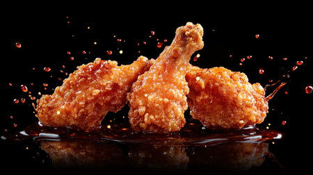 Spicy fried chicken with sauce splashing energetically, focusing on the crispy texture and fiery flavor of the bold hot sauce.の素材