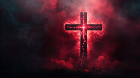 The cross radiates with red lightning, standing as a symbol of fiery faith and divine conviction against a dark background.の素材