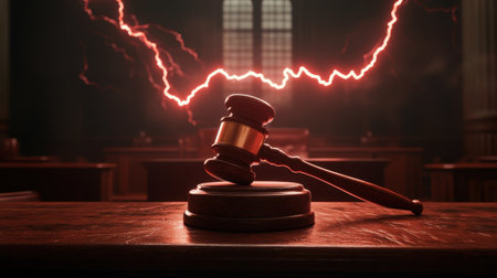 Red lightning bolts surround a judge gavel on a courtroom table, emphasizing the fierce and authoritative nature of legal decisions.の素材