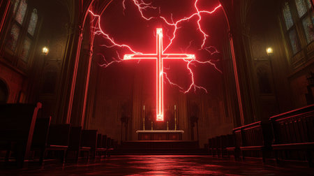 Red lightning crackles around a glowing cross, symbolizing powerful faith and divine strength in a dramatic, dark setting.の素材