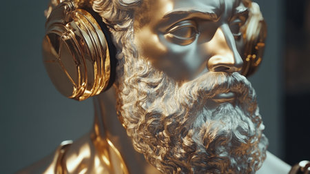 The juxtaposition of a bearded classical figure and gold headphones, highlighting the stylish contrast of old-world art and modern technology.の素材