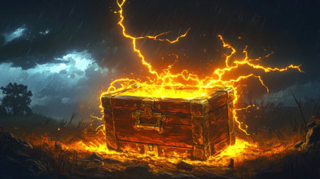Yellow lightning encircles a glowing treasure chest, representing the excitement and value of a precious discovery in a dark setting.の素材