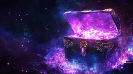 The treasure chest glows with purple lightning, evoking a sense of wonder and the preciousness of hidden treasures, set against a dark backgroundの素材
