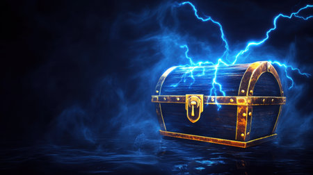 The treasure chest glows with blue lightning, symbolizing the excitement and preciousness of discovery on a dark, mysterious backgroundの素材