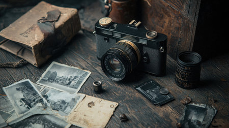 A vintage camera rests on a rustic wooden table alongside historical photographs and film accessories, evoking nostalgia and the art of photography.の素材