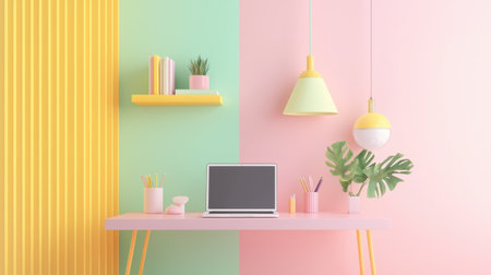 A vibrant and stylish modern workspace featuring pastel color walls, a sleek desk with a laptop, and decorative plants that enhance creativity.の素材