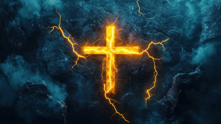 Yellow lightning encircles a glowing cross on a dark background, symbolizing strong faith and divine power, radiating energy.の素材
